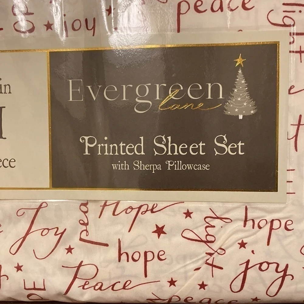 NEW EVERGREEN LANE TWIN CHRISTMAS WORDS SHEETS W/BONUS SHERPA PILLOWCASE